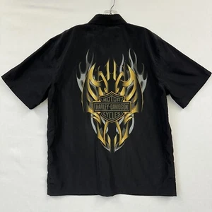 Harley Davidson Sz Large Black Button Down Collared Shirt Flame Tribal Excellent - Picture 1 of 10
