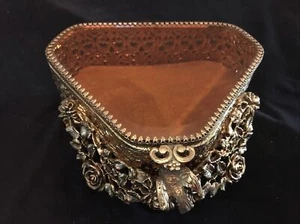 Vtg Ormolu Brass Beveled Amber Glass Ornate Filigree Footed Jewelry Trinket Box - Picture 1 of 10