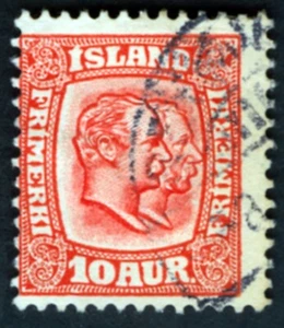 Iceland 1907-08 Sc 76 10 aur Scarlet Bumped Nose Variant Used Watermark Crown - Picture 1 of 2