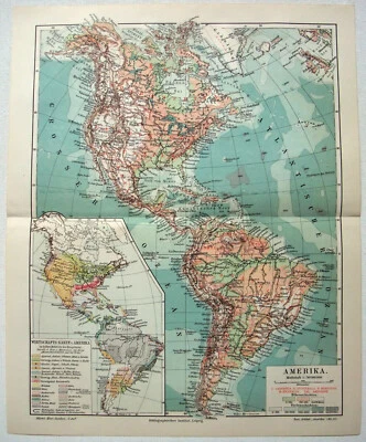 Original Physical & Economic Map of the Americas in 1910 by Meyers. German - Image 1 of 3