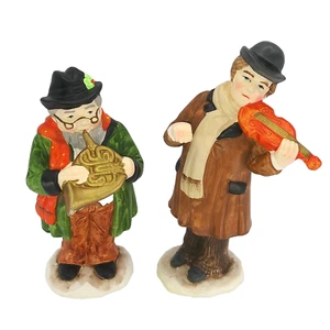 Juego de 2 figuras vintage de músicos callejeros navideños de 6" hombre cuerno de violín - Imagen 1 de 7