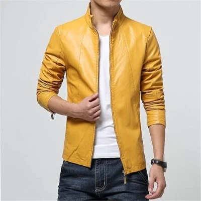 Stylish Men's Yellow Genuine Lambskin Leather Handmade Jacket Biker Motorcycle - Image 1 of 4