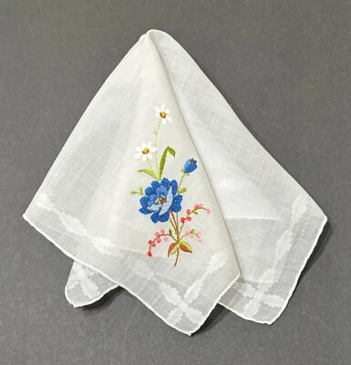 Blue Pink White Flowers Petit Point Vtg Hankie Handkerchief Rolled Edge Wedding - Image 1 of 4