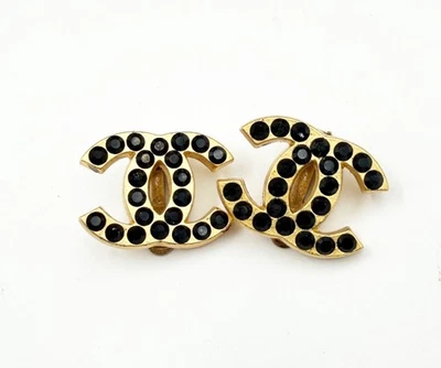 Pendientes Chanel Vintage Chapados en Oro CC Cristal Negro Clip Foto 1 de 4