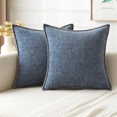 Set of 2 Throw Pillow Covers 18x18 Blue, Farmhouse Chenille W/ Stitched Edge - Image 1 of 4