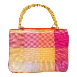 Bolso de Mano Tejido Cremallera Cierre Forrado Bolsillo Imitación Bambú Asas Rosa Amarillo Cuadrado - Imagen 1 de 11