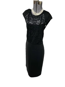 St John Knit Dress Size 14 Black Lace Bodice Milano Knit Wool Blend Silk Lining - Picture 1 of 24