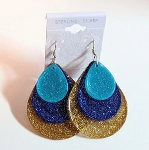 Pendientes de triple lágrima oro azul agua brillo plata esterlina - Imagen 1 de 2