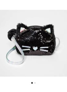 Girls' Reversible Sequin Cat Crossbody Bag - Cat & Jack Black - Picture 1 of 2