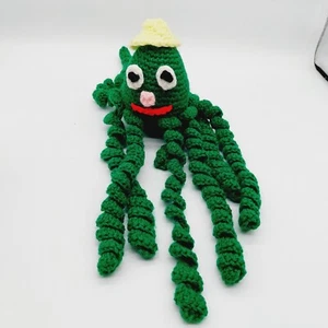 Hand Crocheted Green Octopus Yellow Beach Hat Stuffed Animal Plush - Picture 1 of 7