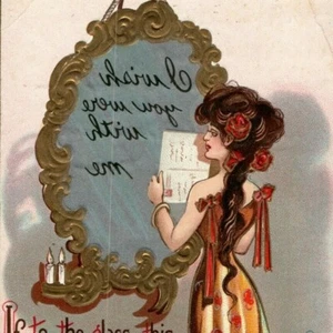 Hold To Mirror Hidden Meaning Riddle Poem Antique Valentine's Day Postcard - Imagen 1 de 4