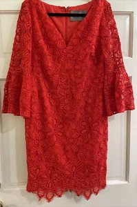 Lela Rose Womens Bell Sleeve Lace Midi Dress V Neck Red Size Large - Picture 1 of 10
