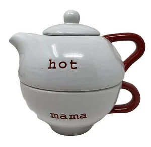 Discontinued Pottery Barn Hot Mama Tea Pot Ceramic White Red - Picture 1 of 12