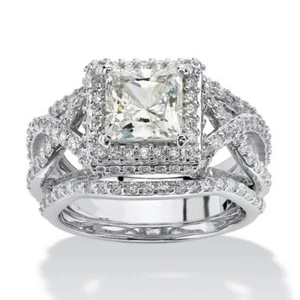 Joancee Princess Cut White Sapphire Sterling Silver Halo 3-Piece Bridal Set - Picture 1 of 10