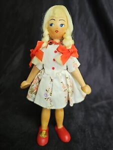 Vintage Polish Wood Peg Doll 7.25" Hand Painted Face Folk Art Jointed Label VGUC