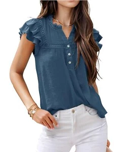 Womens Casual Tops Short Sleeve V Neck Ruffle Blouse Lace Button Shirt Summer - Picture 1 of 10