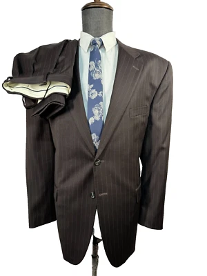 CHAPS Mens Brown Wool REG FIT Pinstripe Pleated 2pc Suit 46R Jacket 38x29 Pant - Image 1 of 4