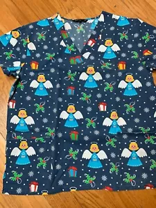 Christmas Uniform ScrubTop, Angels and gifts and Holly pattern, Women's LARGE - Picture 1 of 3