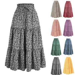 Women Maxi Tiered Elastic High Waisted Skirts A Line Flowy Swing Long Skirts - Picture 1 of 48