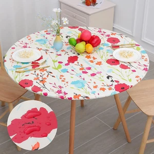 misaya Round Fitted Tablecloth with Elastic Edge, 100% 36"-44" Round, Flowers - Picture 1 of 8