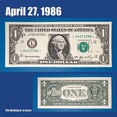 April 27, 1986 Birthday Anniversary $1 One Dollar Bill Serial Number 04271986 - Image 1 of 2