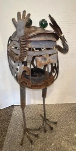 Vintage Rusty Metal Frog W/Bow Tie Iridescent Eyes Rustic Garden Art Statue 21” - Picture 1 of 18