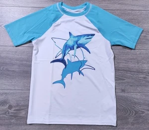 Lands End Shirt Boys Medium 8 White Shark Rash Guard Swim Shirt Kids - Picture 1 of 7