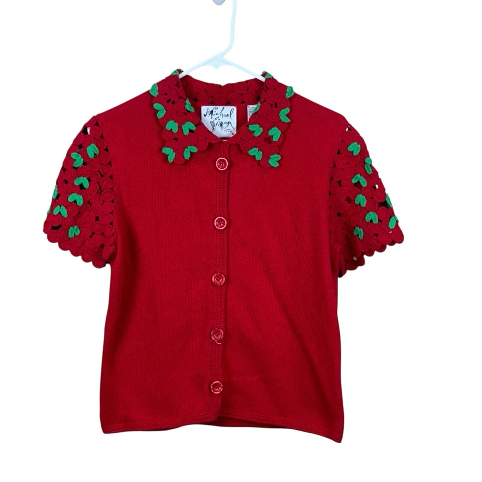 Cárdigan vintage Michael Simon para mujer pequeño S rojo roseta flores crochet Foto 1 de 4