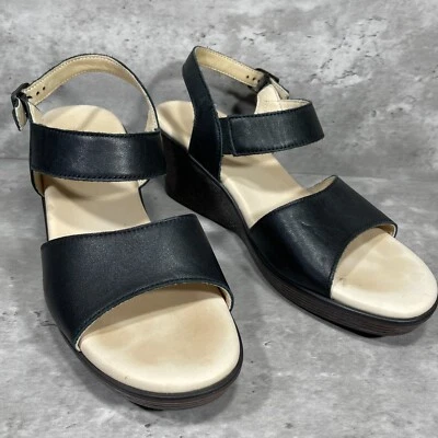 SAS Heather Wedge Sandals Black Leather Open Toe Ankle Strap Buckle Size 10 N - Image 1 of 4