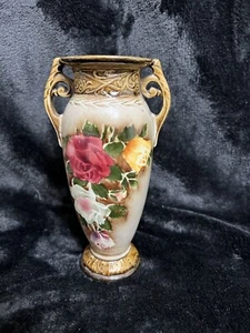 Antique Czechoslovakia VASE With Vibrant Painted Floral Roses W/Duel Handles - Picture 1 of 7