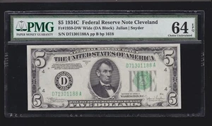 US 1934C $5 FRN Cleveland Wide FR 1959-DW PMG 64 EPQ V Ch CU (188) - Picture 1 of 2
