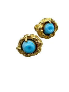 Vintage Clip On Earrings Gold Tone And Turquoise Glass Cabochons Brutalist Desig - Picture 1 of 6