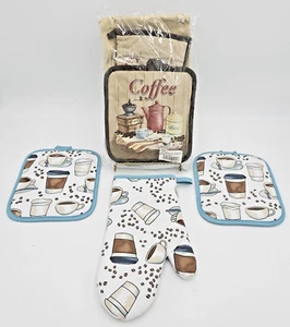 7 Pc Coffee Kitchen Set 2 Oven Mitts 3 Potholders 2 Towels Printed Hot Pads Cook - Picture 1 of 12