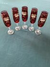4 Ruby Red Wine Glasses Venetian  Murano Gold Gilt Hand Painted Raised Flowers