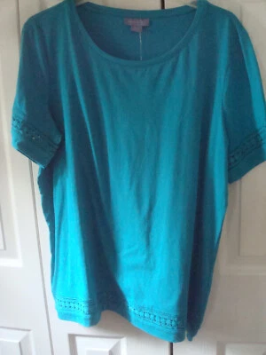 Top de punto para dama talla X grande Laura Scott borde de ganchillo verde azulado Foto 1 de 2