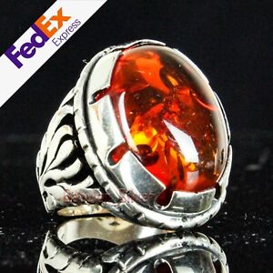 Turkish Handmade 925 Sterling Silver Amber Stone Luxury Men's Ring All Sizes