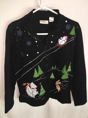 MUJER NEGRO NAVIDAD ONQUE CÁRDIGAN SUÉTER CREMALLERA FRONTAL OSO CONEJITO TALLA M 42" Foto 1 de 4