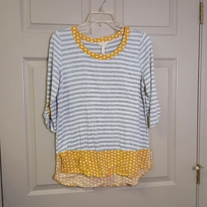 Matilda Jane Womens Blouse Size Medium Yellow Gray Polka Dot 3/4 Sleeve - Picture 1 of 4