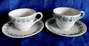 Set of 2 WEDGWOOD Celadon on Cream QUEEN'S WARE Porcelain Cups & Saucers - Picture 1 of 4
