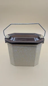 Vintage French Enamel Ware Lunch Box Yellow & White Spattered w Brown Lid Picnic - Picture 1 of 6