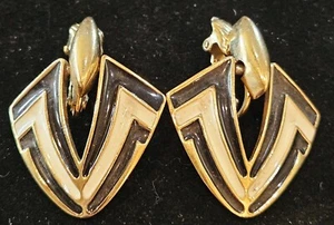 Vintage MONET Gold and Black & White Enamel Dangle Clip on Earrings Signed 1.5" - Picture 1 of 2