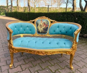 Sofa - Vintage Louis XVI French Blue Velvet Sofa with Gold Gilded Carved Frame - Picture 1 of 15
