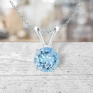 1.15 cttw. Aquamarine Solitaire Round Pendant Necklace in Solid Sterling Silver - Picture 1 of 3