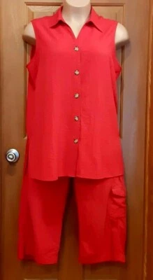 White Stag Red Sleeveless Blouse (XL) and Clam Diggers Cargo Pants (L) - Image 1 of 4