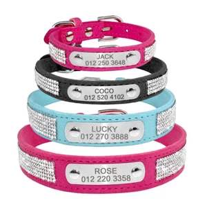 Rhinestone Diamante Soft Suede Pet Dog Collars Nameplate Personalised Pink Black - Picture 1 of 15