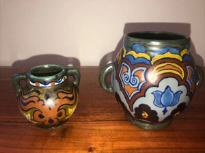 Rare Antique Handled Small Candia Gouda Pottery Holland Pot & Vase 2p Set - Picture 1 of 11
