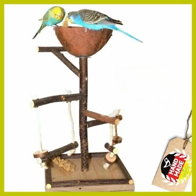 VOGELGALERIA Vogelspielplatz mit Kokosschale Vogelspielzeug Naturholz Wellensittich handmade