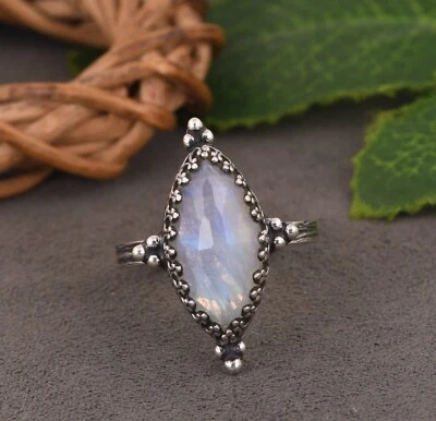 Anillo de compromiso marquesa de plata de ley 925 delicada piedra lunar regalo para ella Foto 1 de 4