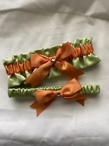 Wedding Bridal Garter Green And Orange, Handmade New - Picture 1 of 5