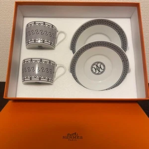 HERMES H Deco Ash Deco Teacup Pair Cup & Saucer With HERMES Private Box - Picture 1 of 10